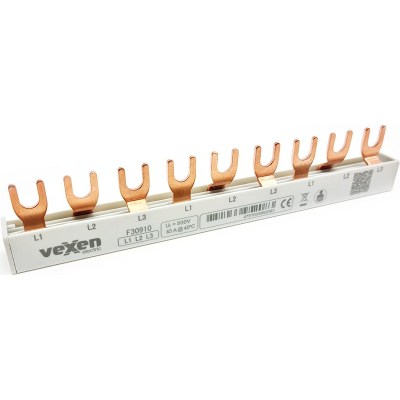 VEXEN fork-type MCB busbar F30910, 10 mm², 3 phases, 160 mm, 9 modules