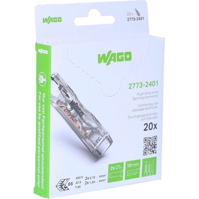 PUSH WIRE® Inline Splicing Connector, for solid and stranded conductors, max. 4 mm², 2-conductor, WAGO 2773-2401/995-020