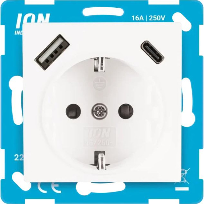 ION Industries V1/J1/D1 Balta Rozete 2P+E USB A + USB C ar bērnu aizsardzību
