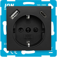 ION Industries V1/J1/D1 Melna matēta Rozete 2P+E USB A + USB C ar bērnu aizsardzību