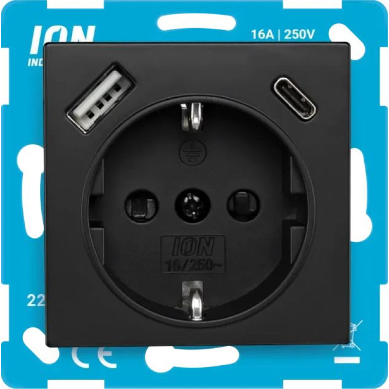 ION Industries V1/J1/D1 Melna matēta Rozete 2P+E USB A + USB C ar bērnu aizsardzību
