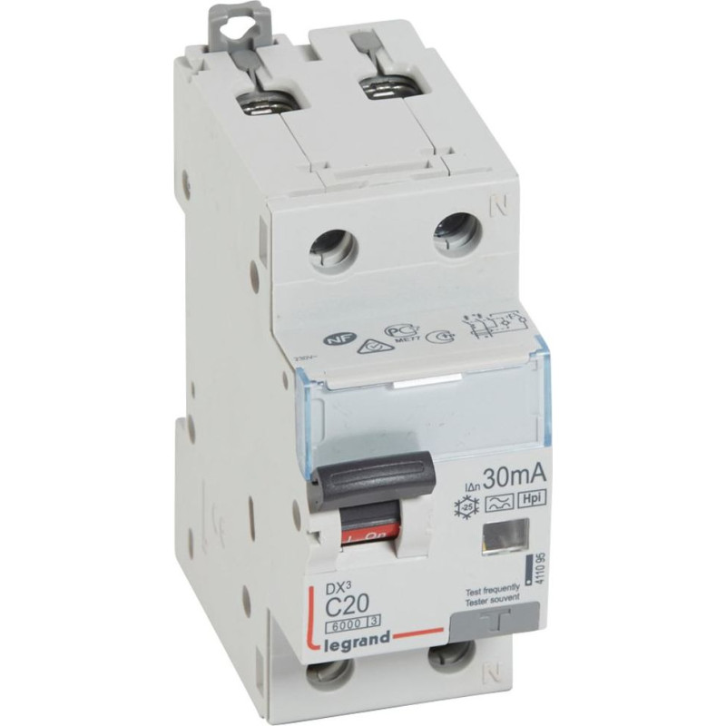 Kombinēts noplūdes automātslēdzis DX3 - 1P+N - 10kA - C20 - 30mA - F tips - N labajā pusē