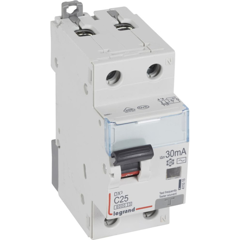 Kombinēts noplūdes automātslēdzis DX3 - 1P+N - C25 - 6kA - 30mA - AC tips