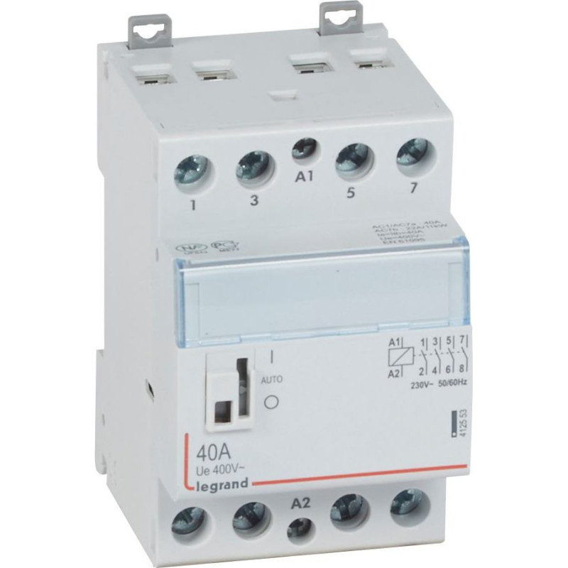 Kontakors CX3 ar priekšējo rokturi - 4 poli - 40 A - 400 V~ - 4 NO kontakti - spoles spriegums 230 V~ - 3 moduļi
