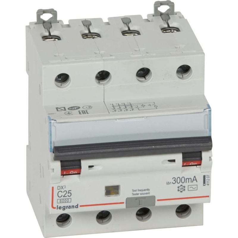 Kombinēts noplūdes automātslēdzis DX3 - 4P - 6kA - C25 - 300mA - AC tips