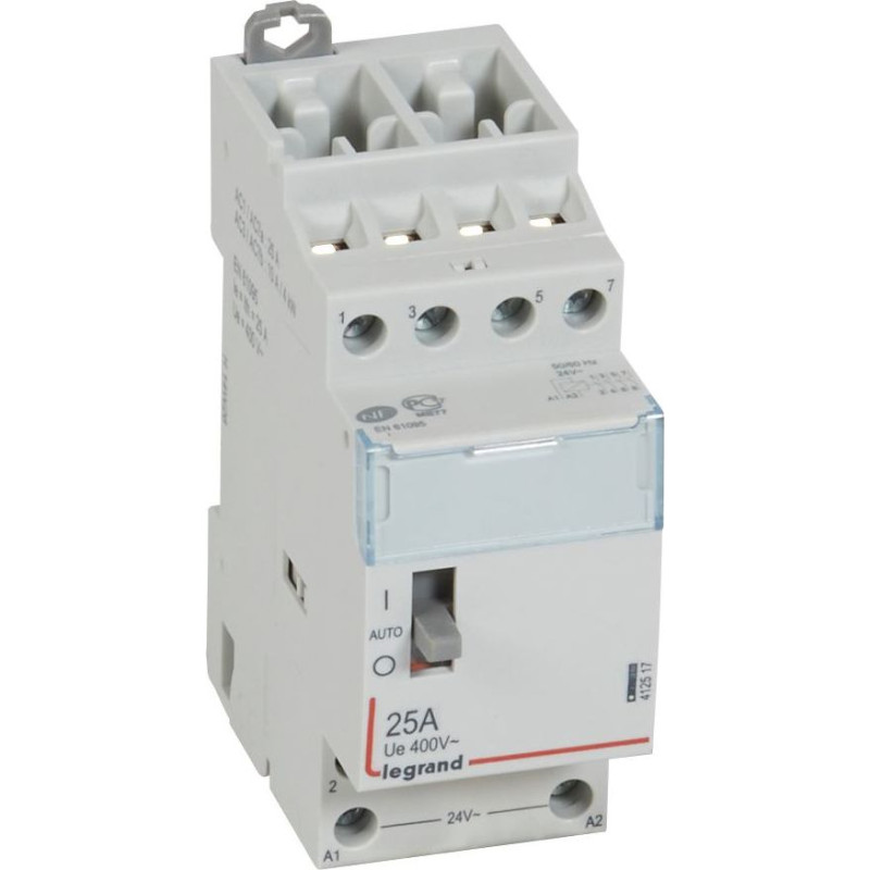 Kontakors CX3 ar priekšējo rokturi - 4 poli - 25 A - 400 V~ - 4 NO kontakti - spoles spriegums 24 V~ - 2 moduļi