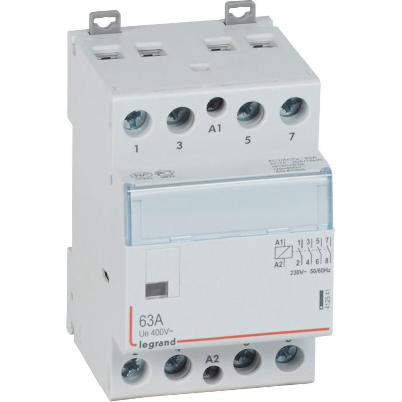 Kontakors CX3 bez priekšējā roktura - 4 poli - 63 A - 400 V~ - 4 NO kontakti - spoles spriegums 230 V~ - 3 moduļi