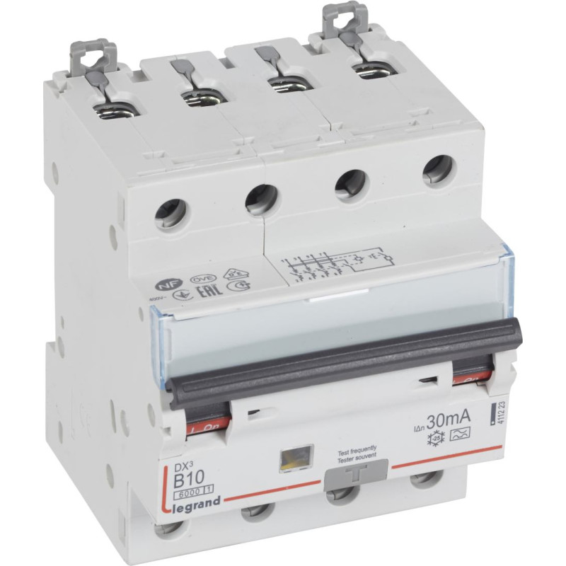 Kombinēts noplūdes automātslēdzis DX3 - 4P - B10 - 6kA - 30mA - A tips