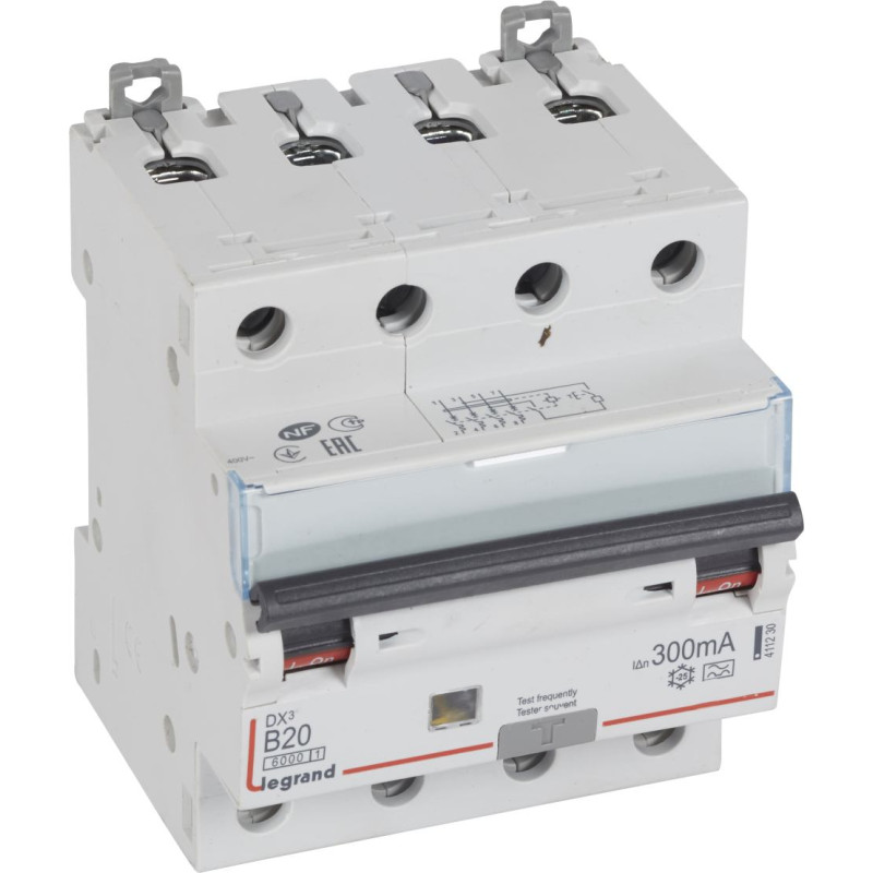 Kombinēts noplūdes automātslēdzis DX3 - 4P - B20 - 6kA - 300mA - A tips