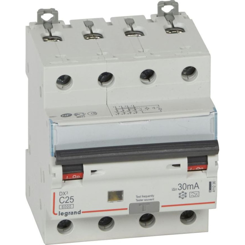 Kombinēts noplūdes automātslēdzis DX3 - 4P - 10kA - C25A - 30mA - A tips