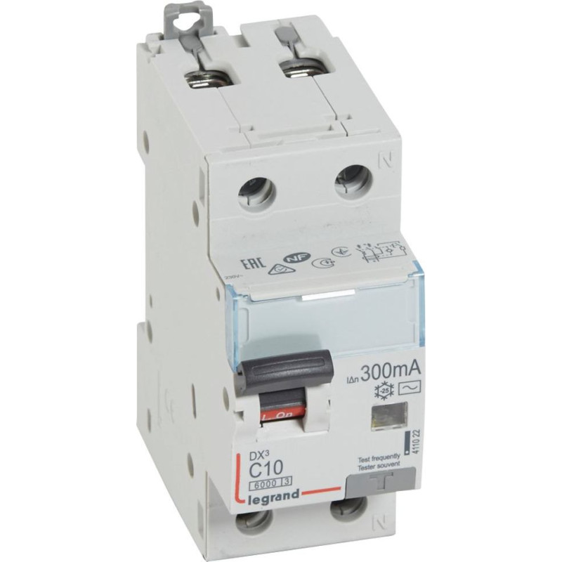Kombinēts noplūdes automātslēdzis DX3 - 1P+N - C10 - 10kA - 300mA - AC tips - N labajā pusē
