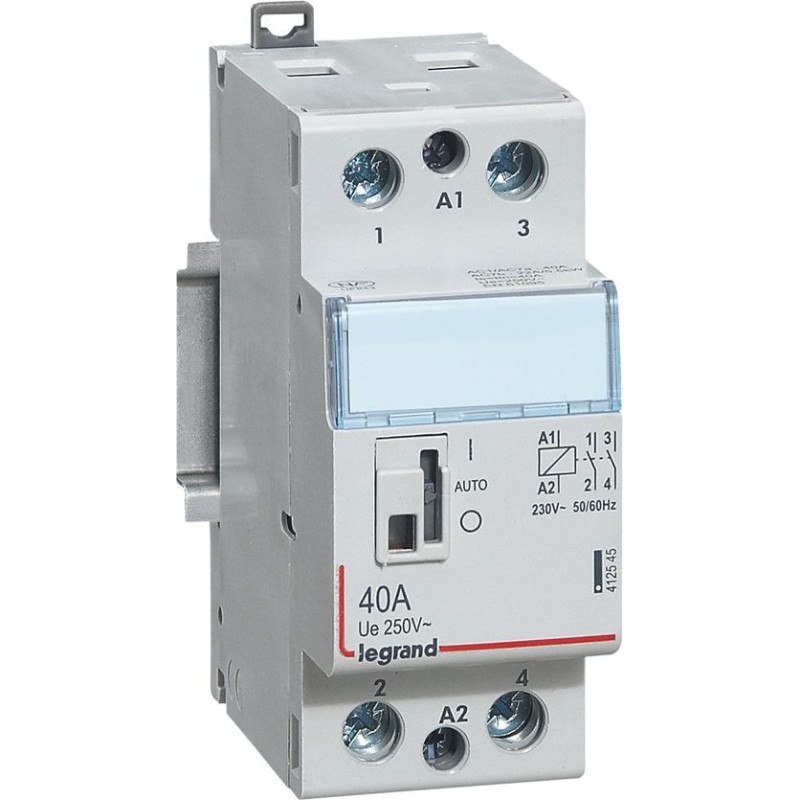 Kontakors CX3 ar priekšējo rokturi - 2 poli - 40 A - 250 V~ - 2 NO kontakti - spoles spriegums 230 V~ - 2 moduļi