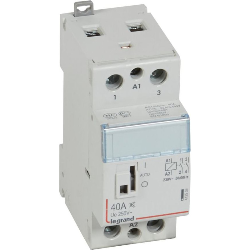 Klusais kontakors CX3 ar priekšējo rokturi - 2 poli - 40 A - 250 V~ - 2 NO kontakti - spoles spriegums 230 V~ - 2 moduļi