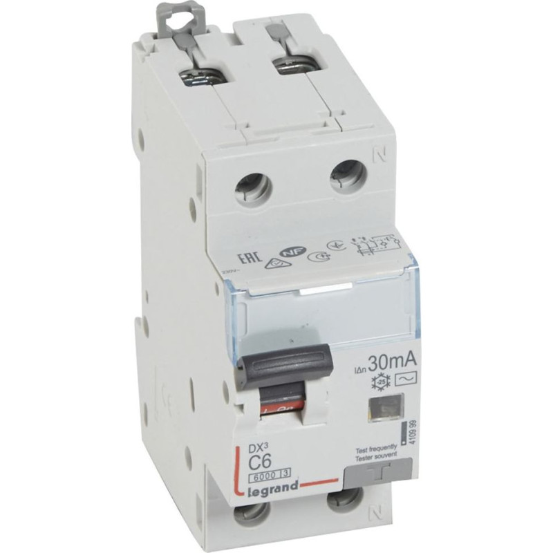Kombinēts noplūdes automātslēdzis DX3 - 1P+N - C6 - 10kA - 30mA - AC tips - N labajā pusē