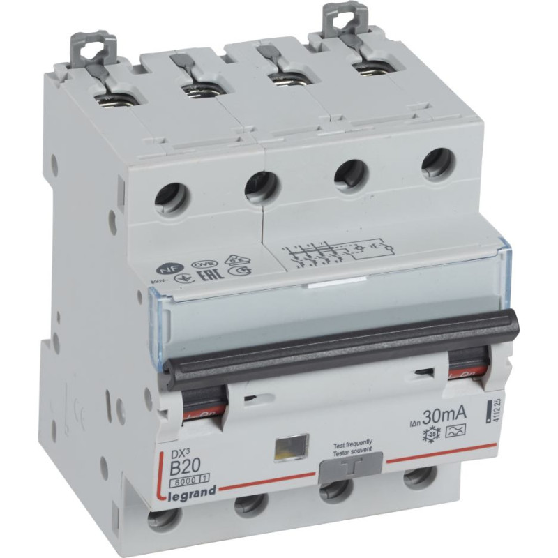 Kombinēts noplūdes automātslēdzis DX3 - 4P - B20 - 6kA - 30mA - A tips