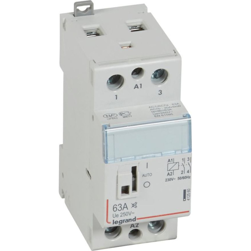 Klusais kontakors CX3 ar priekšējo rokturi - 2 poli - 63 A - 250 V~ - 2 NO kontakti - spoles spriegums 230 V~ - 2 moduļi