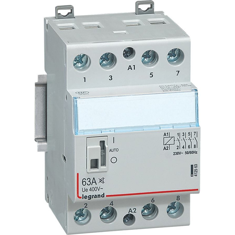 Klusais kontakors CX3 ar priekšējo rokturi - 4 poli - 63 A - 400 V~ - 4 NO kontakti - spoles spriegums 230 V~ - 3 moduļi