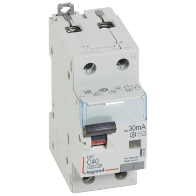 Kombinēts noplūdes automātslēdzis DX3 - 1P+N - C40 - 10kA - 30mA - AC tips - N labajā pusē