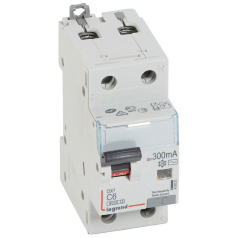 Kombinēts noplūdes automātslēdzis DX3 - 1P+N - C6 - 10kA - 300mA - AC tips - N labajā pusē