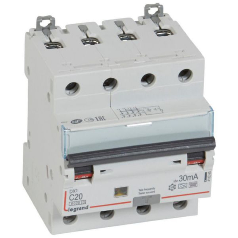 Kombinēts noplūdes automātslēdzis DX3 - 4P - C20 - 6kA - 30mA - F tips